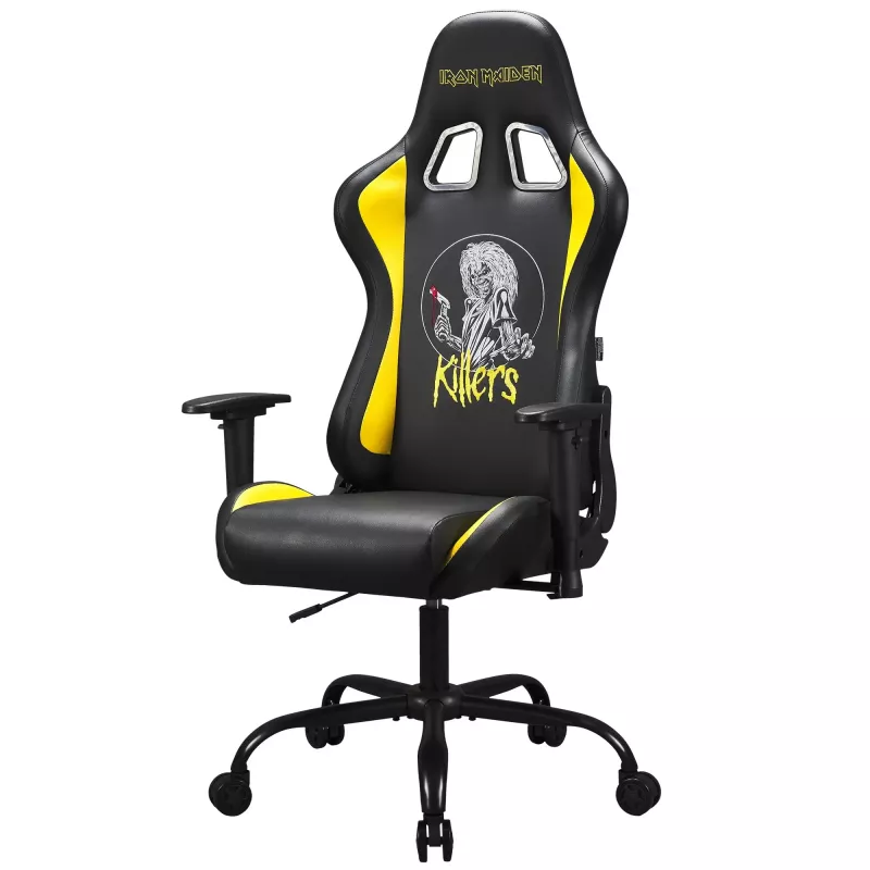 Subsonic SA5609-IM1 Pro Iron Maiden Killers pelituoli, 3D-käsinojat, tekonahka, kallistus 90°–135°, 120 kg, musta keltaisella kirjonnalla