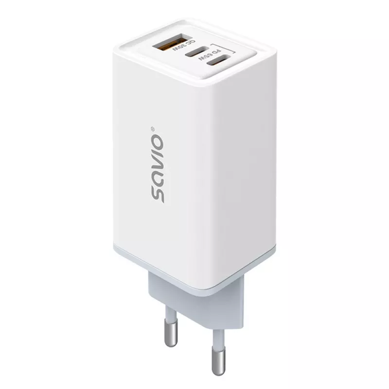 SAVIO LA-07 GaN 65W virtalähde, USB, QC4.0+, PD 3.0, valkoinen