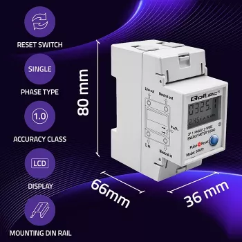 Energiamittari QOLTEC yksivaiheinen DIN-kisko 230V (MPN 50979)