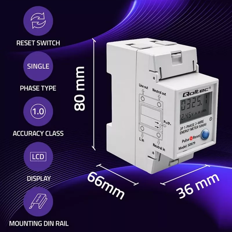 Energiamittari QOLTEC yksivaiheinen DIN-kisko 230V (MPN 50979)