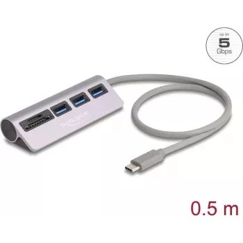 DELOCK USB-keskitin 3-port 5 Gbit/s SD- ja microSD-kortinlukijalla ja USB-C-liitännällä