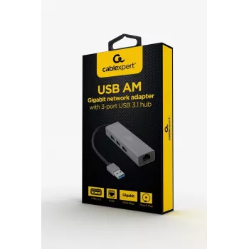 Gembird A-AMU3-LAN-01 USB-A–Gigabit LAN -sovitin 3-porttisella USB 3.0 -keskittimellä, musta
