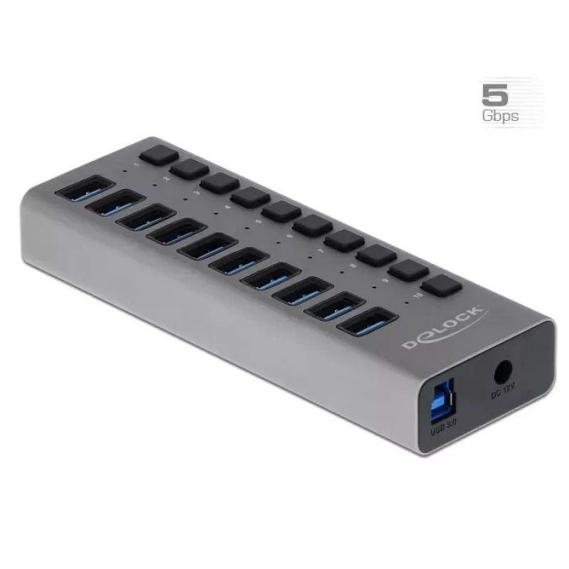 DeLOCK ulkoinen 5 Gbps USB-keskitin 10 portilla + kytkimellä