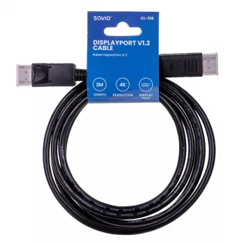 DisplayPort-kaapeli SAVIO CL-136, DisplayPort pistoke–pistoke, 2 m, DP 1.2, kullatut koskettimet, musta