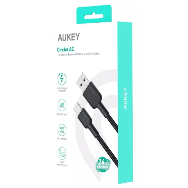 USB-A - USB-C -kaapeli Aukey CB-NAC1, 1 m, punottu nailon, USB PD 60 W, USB 2.0