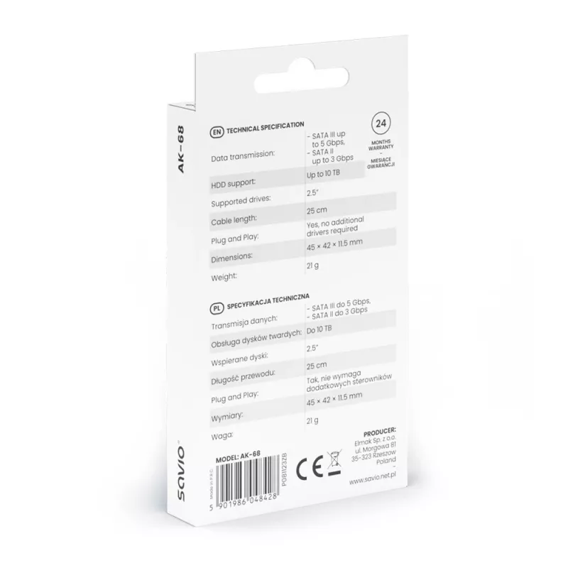 SAVIO SATA - USB 3.1 Gen 1 -liitäntäkaapeli AK-68, SATA-pistorasia - USB-A-pistoke, 5 Gbit/s, 0,25 m, musta