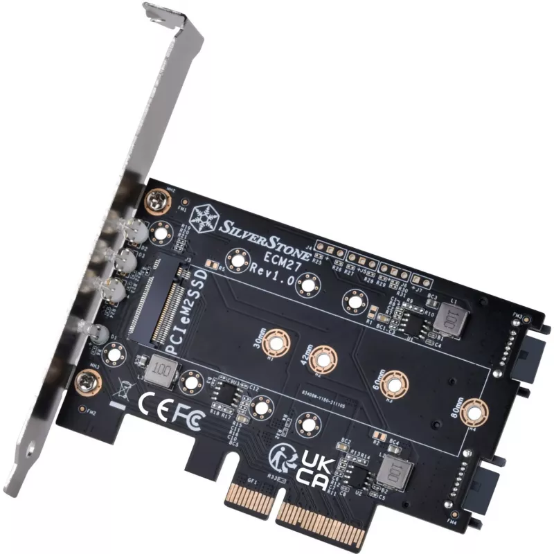 Silverstone SST-ECM27 M.2/SATA-sovitinkortti, PCIe 4.0, 1x M-Key, 2x SATA 6G - Low Profile