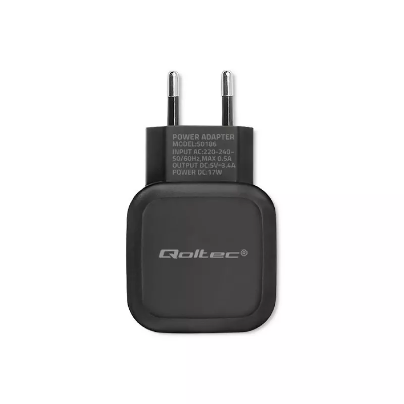 Sisälaturi QOLTEC 50186 älypuhelimelle ja tabletille, 5 V 3.4 A, 17 W, 2× USB, musta