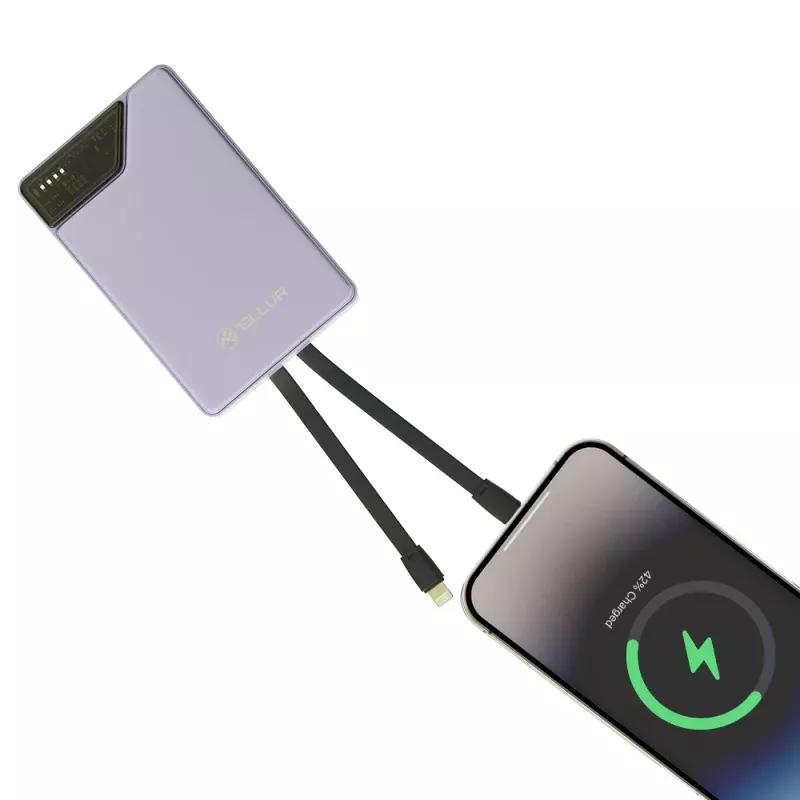 Tellur TLL158441 kannettava varavirtalähde 10000 mAh integroidut USB-C- ja Lightning-kaapelit violetti