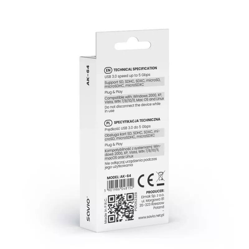 Kortinlukija SAVIO AK-64 USB 3.2 Gen 1 Type-A-lähtö, MicroSD-paikka, 5000 Mbit/s, musta