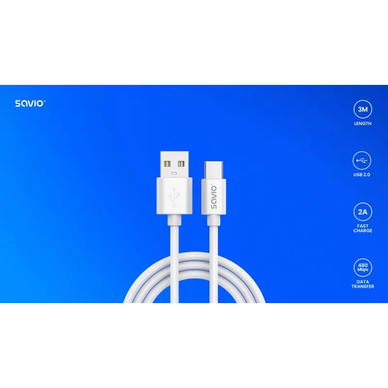USB 2.0 -kaapeli SAVIO CL-168, USB A (uros) - USB C (uros), 3 m, valkoinen