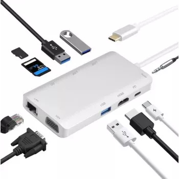 Telakointiasema helos 304265 USB 3.1 Type-C HDMI:llä, VGA:lla, USB:lla ja LAN:illa