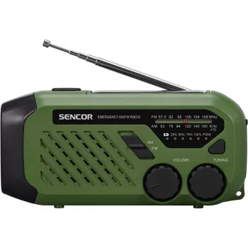 Kannettava UKW/MW-radio SENCOR SRD1000SCLGR Bluetoothilla, aurinko-/kampikäyttöinen/USB-C-lataus, 2000 mAh akku, IPX4, LED-valot