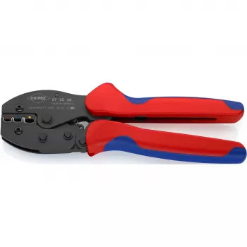Puristustyökalu Knipex PreciForce malli 975236 SB — eristetyt kahvat musta, sininen ja punainen
