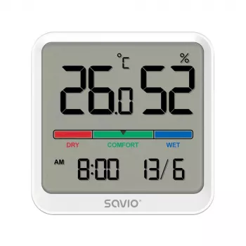 Sisätilan lämpötila- ja kosteusanturi SAVIO CT-01/W, LCD-näyttö, -10–55 °C, 10–99 % RH, paristo CR2032