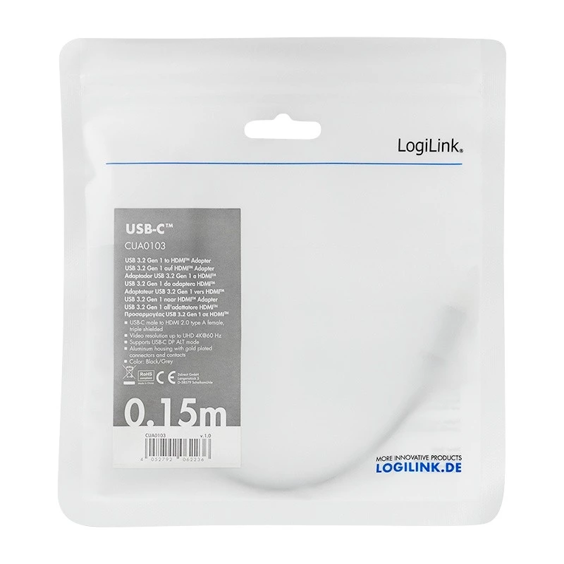 LogiLink CUA0103 USB 3.2 Gen1 Type-C - HDMI-A-kaapeli 0,15 m musta harmaa