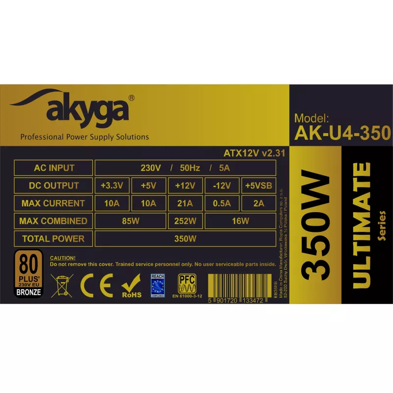 Akyga AK-U4-350 Ultimate 350 W ATX-virtalähde, 80 PLUS Bronze, aktiivinen PFC, 120 mm tuuletin