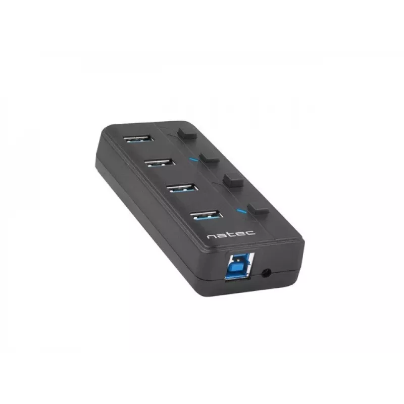 Natec Mantis 2 NHU-1557 4-porttinen USB 3.0 -hubi, USB Type-B -tulo, virtakytkimet, verkkolaite, musta