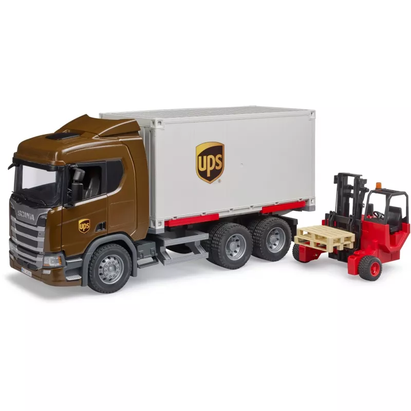 Scania Super 560R UPS -logistiikkarekka haarukkatrukilla