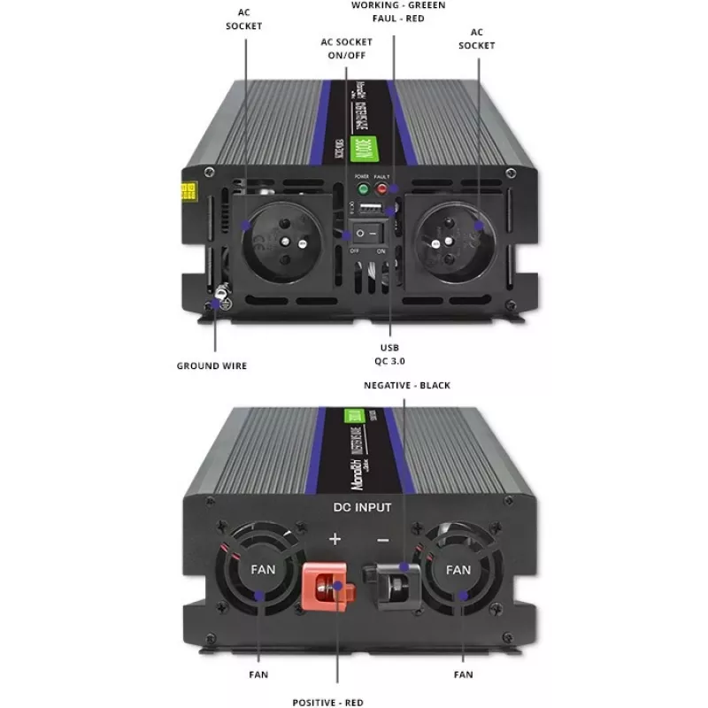 Vaihtosuuntaaja QOLTEC Monolith 3000 MS Wave, 12V→230V, 1500/3000W, USB:lla