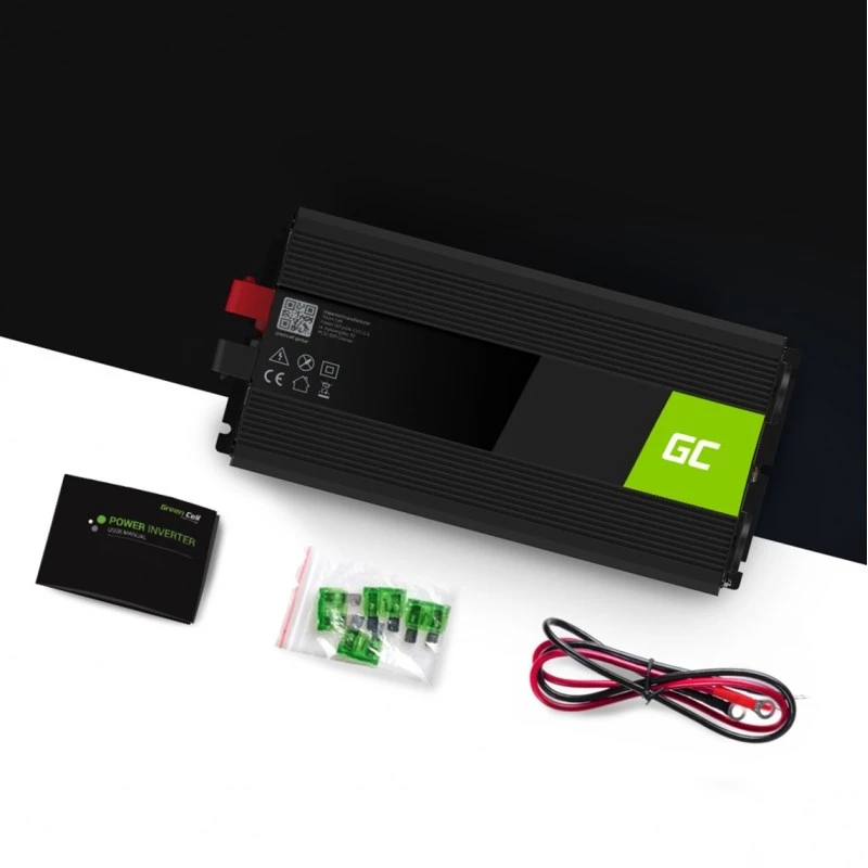 Vaihtosuuntaaja-virtasovitin Green Cell INV25, 1500 W, 12 V DC – 230 V AC, 50 Hz, 1× USB, musta