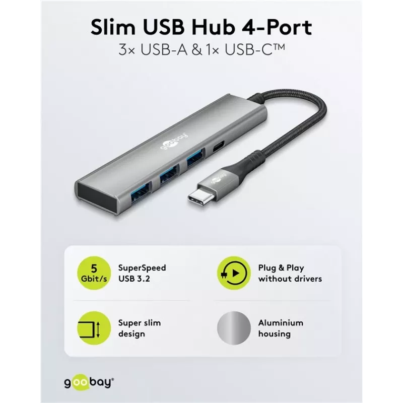 Goobay Slim 4-porttinen USB-keskitin USB-C - USB-A 5 Gbit/s - -Plug> 1x (76562)