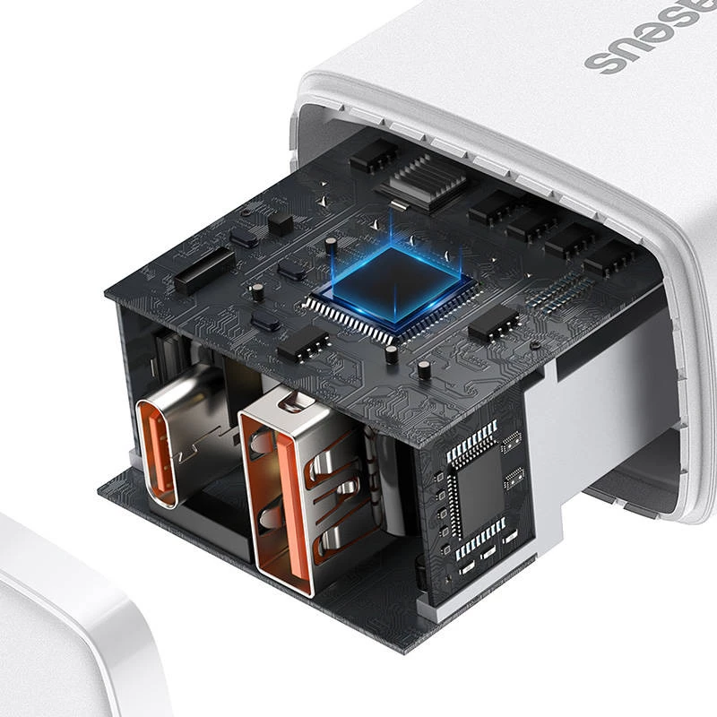 Seinälaaturi Baseus Compact 1x USB-A + 1x USB-C 3A, kompakti matka-adapteri