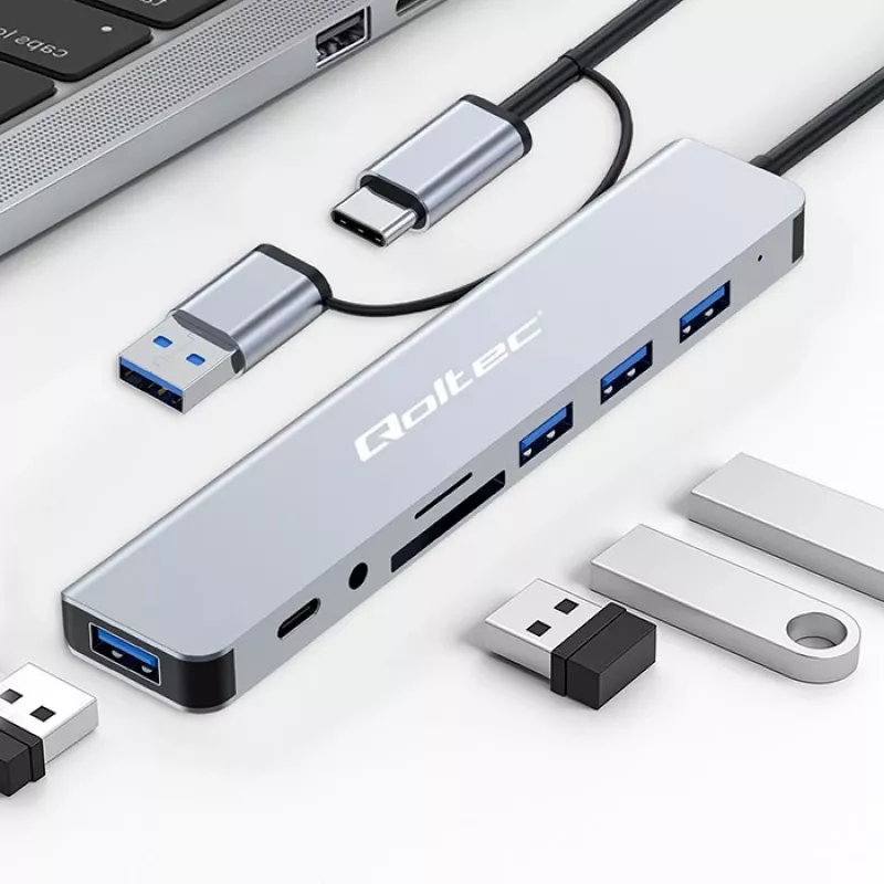 QOLTEC USB-C-keskitin 4x USB + SD/TF-kortinlukija malli 53794