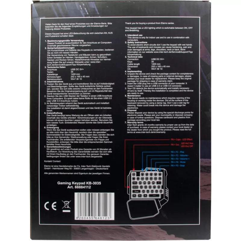 Inter-Tech KB-3035 RGB pelinäppäimistö (keypad), 35 näppäintä, USB, musta