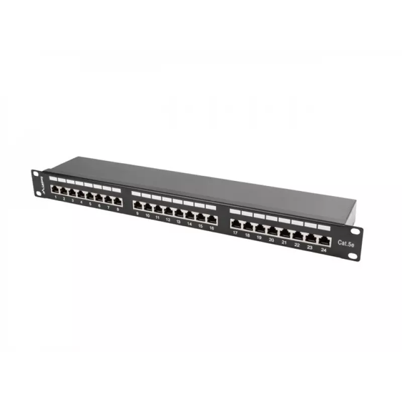 Patch-paneeli 1U LANBERG PPS5-1024-B — 24-porttia RJ-45 Cat5, metalli, musta, räkkiasennus