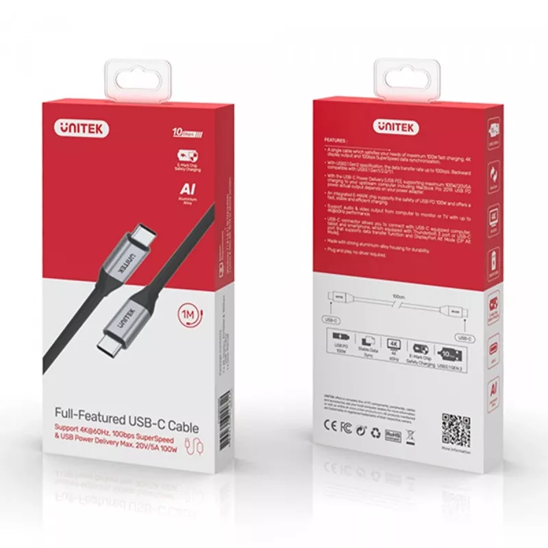 USB-C-USB-C-data- ja latauskaapeli Unitek C14082ABK 1 m, USB 3.2 Gen 2 (10 Gbit/s), 100 W PD, musta