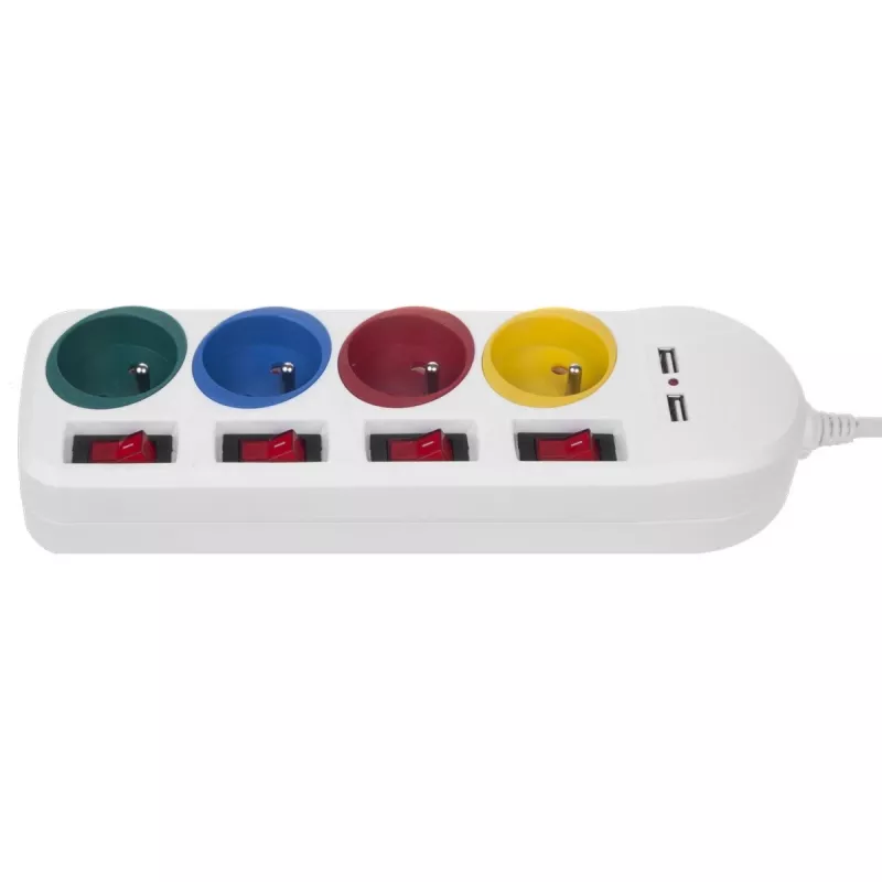 Jatkojohto MACLEAN MCE229W — 4 pistorasiaa, 2× USB, 1,5 m kaapeli, tyyppi F, 10 A, valkoinen