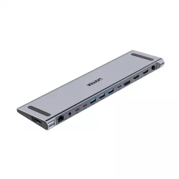 KVM-kytkin Unitek D1106AGY01 USB-C Triple 4K -telakointiasema KVM:llä, 3x USB-A, 5x USB-C, HDMI×2, DP×1, RJ-45, SD-lukija, 3840×2160@60Hz, alumiini