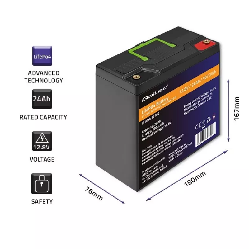 Qoltec 53702 LiFePO4 litium-rautafosfaattiakku | 12,8V | 24Ah | 307,2Wh | BMS
