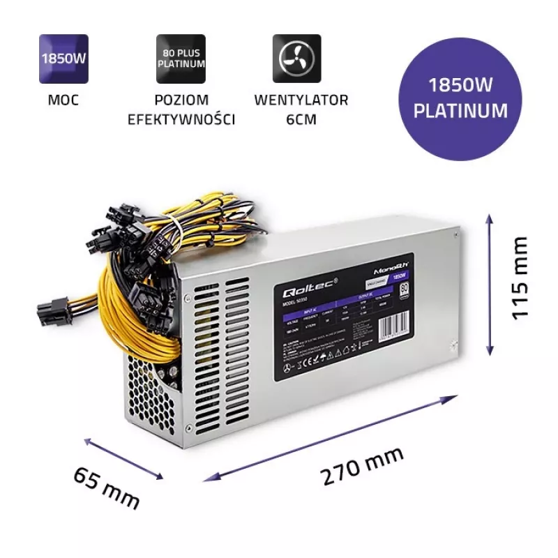 Qoltec 50350 virtalähde 1850W PCI-E | 80 Plus Platinum | peli louhinta