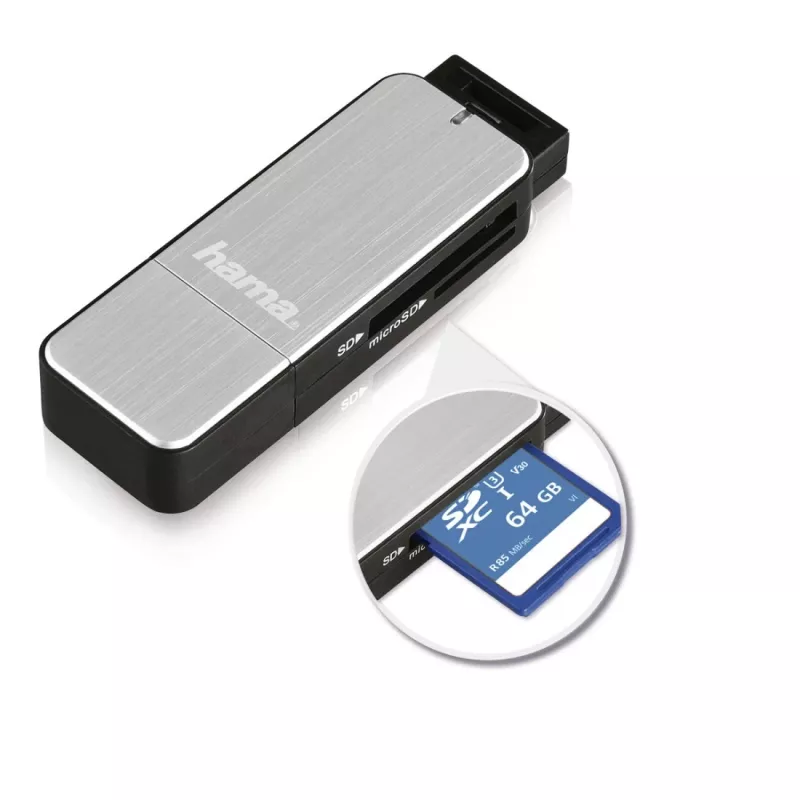 Hama 123900 USB 3.0 -muistikortinlukija SD/microSD, alumiini, musta/hopea