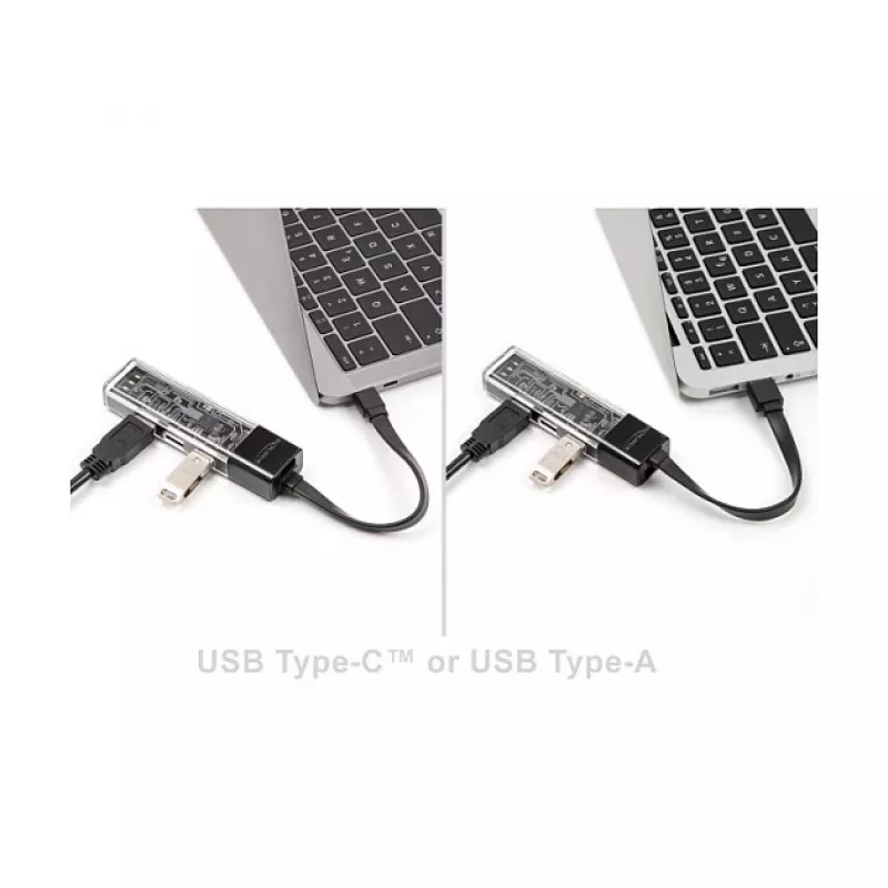 DELOCK USB 3.2 Gen 1 (3.1 Gen 1) 4-porttinen keskitin Type-A + Type-C -isännällä (5000 Mbit/s) musta/läpinäkyvä