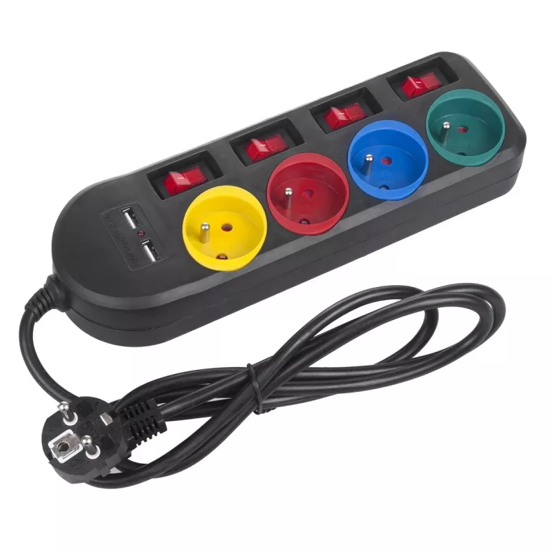 Jatkojohto MACLEAN MCE229B — 4 AC-pistorasiaa, 2× USB-A, 1,5 m kaapeli, 10 A, tyyppi F, sisäkäyttöön, musta