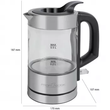ProfiCook PC-WKS 1228 G vedenkeitin 0,5 L 1 100 W ruostumaton teräs, läpinäkyvä