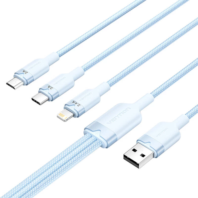 USB 2.0 A – 3-in-1 3A -kaapeli Vention CTPLG 1,5 m sininen – data ja lataus