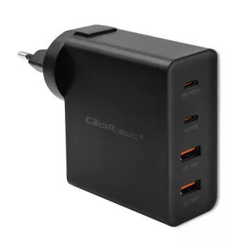 Qoltec GaN POWER PRO -laturi | 2xUSB-C | 2xUSB | 130W | 5-20V | 1.5-5A | XP | musta