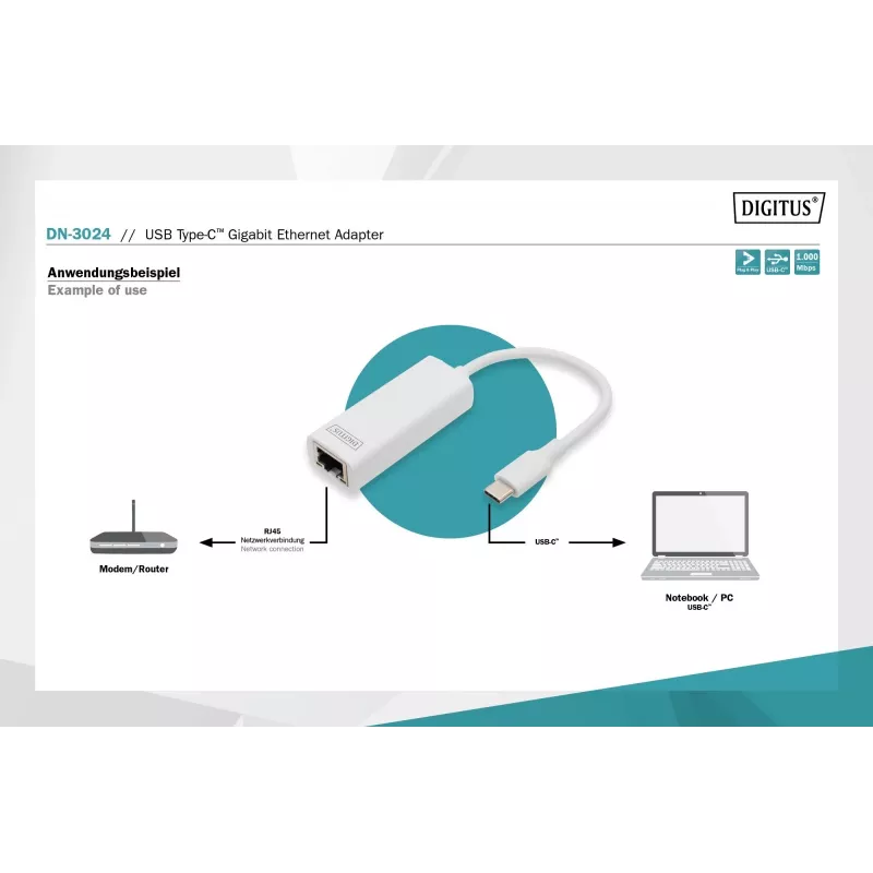 Digitus DN-3024 USB 3.0 -adapteri 20 cm 1x USB-C - 1x RJ45 suojattu