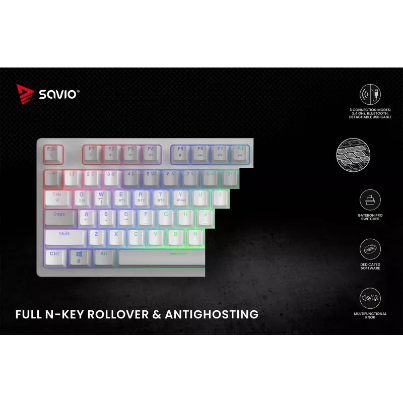 SAVIO PHENIX WHITE langaton mekaaninen näppäimistö, Gateron Red Pro, ABS