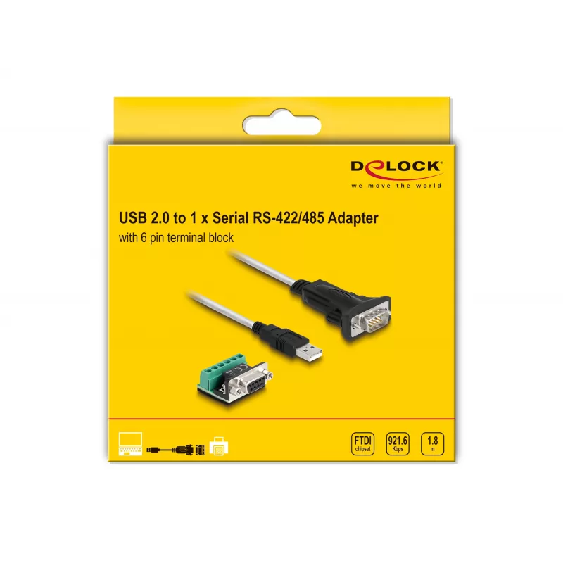 DeLOCK 63465 USB 2.0 Type-A - sarja RS-422/485 -sovitin, 6-napainen liitinlohko, 1,8 m, musta/läpinäkyvä