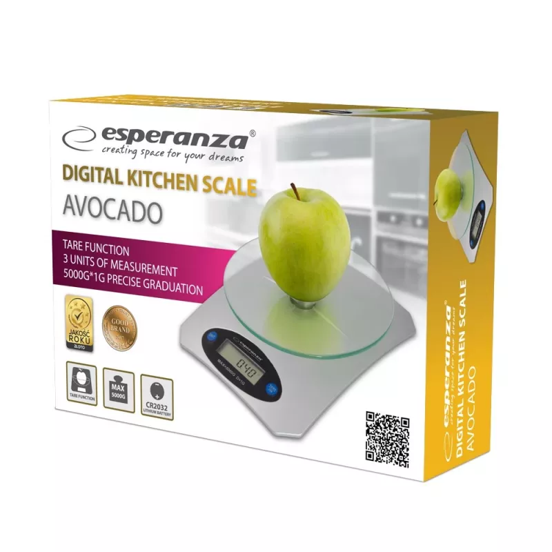 Elektroninen keittiövaaka ESPERANZA Avocado harmaa — 5 kg kapasiteetti, bambualusta, yksiköt g/lb/oz