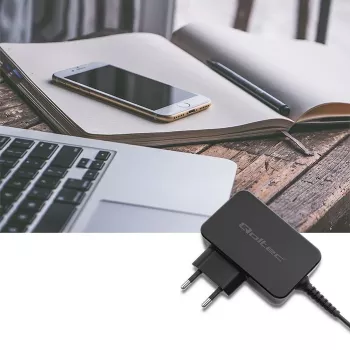 QOLTEC 51024 matkalaturi – yleislaturi AC-sisäkäyttöön, 65 W PD, 20 V/3,25 A, 1,2 m kaapeli, musta