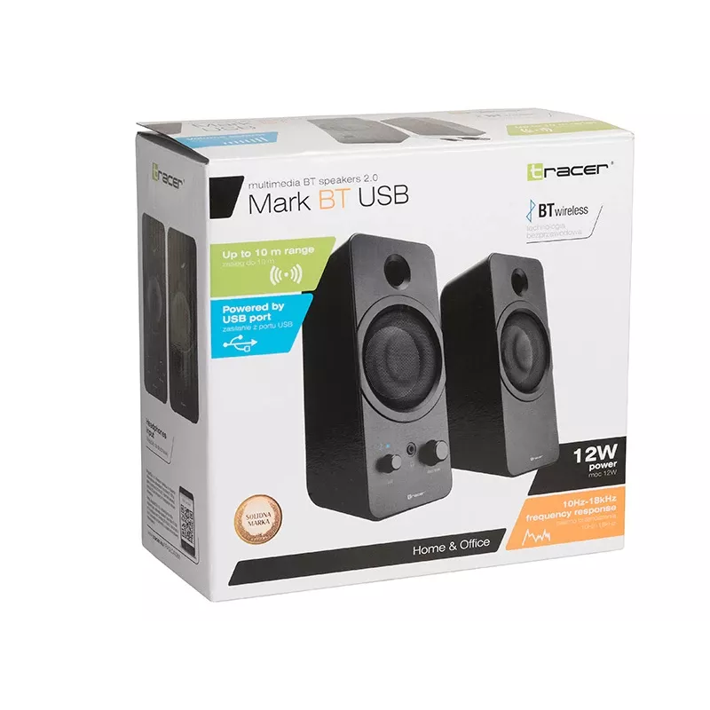 Pöytäkaiuttimet 2.0 TRACER Mark 12 W, USB-virransyöttö, Bluetooth, 2-tie, 2 elementtiä, musta