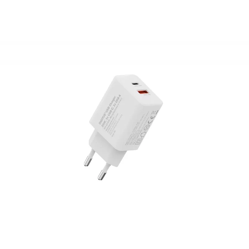 AC USB-laturi DIGITUS 20W, 1x USB-C, 1x USB-A, tulo 100–240V, valkoinen