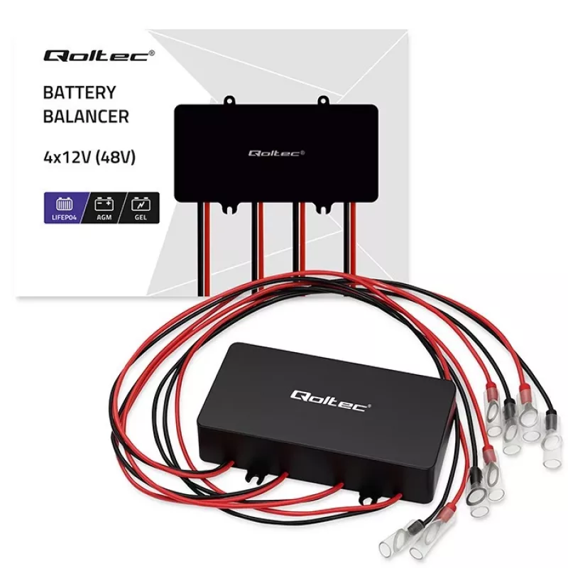 Jännitteentasaaja QOLTEC 51098 48V-järjestelmiin — 4×12V akkutasaaja