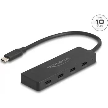 USB Type-C -keskitin DELOCK 64322 — 4× USB-A-liitäntä, 10 Gbit/s, musta